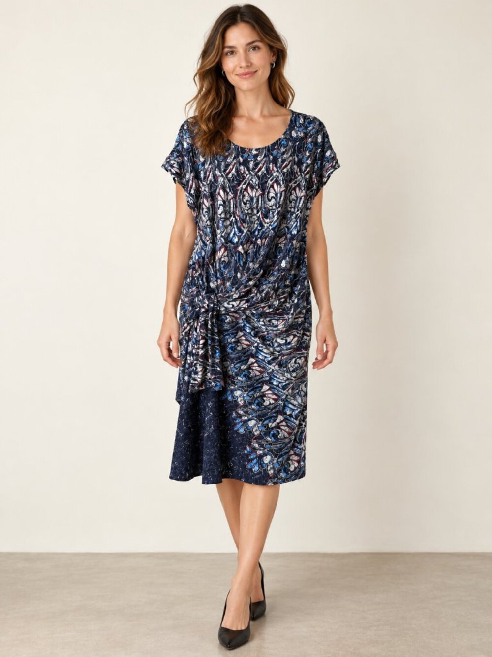 DKNY Navy Paisley Side-Tie Stretch Dress – Medium
